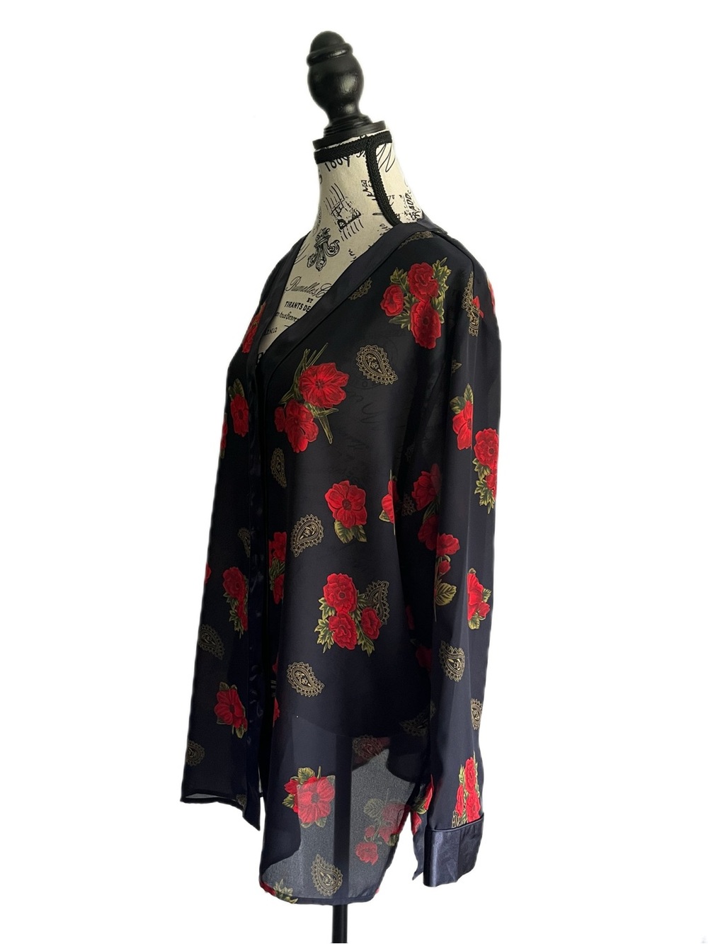 Vintage 90s La Vie En Rose Sheer Navy Blue Floral Rose Paisley Blouse - Picture 4 of 5